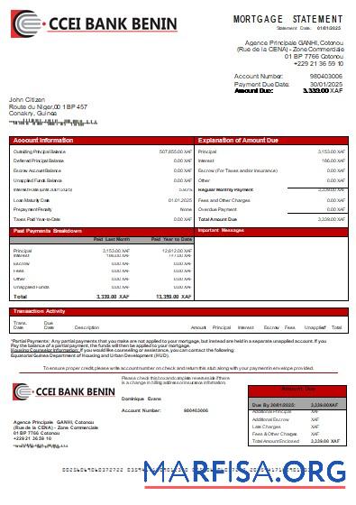 Printable Equatorial Guinea CCEI Bank Benin bank mortgage statement scr template